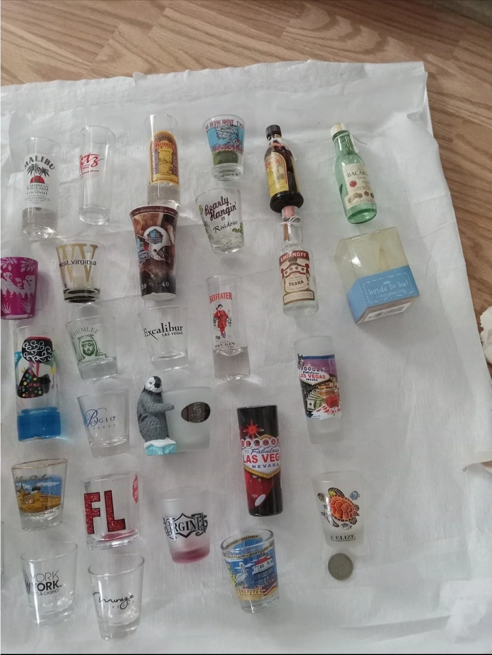 52 Souvenirs Shot Glasses, from USA to Overseas ,Coin, Trinkets, 3 bottles